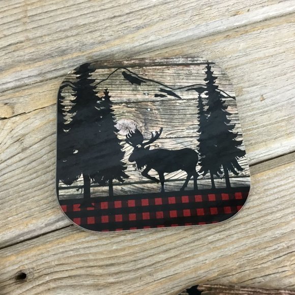 Moose Buffalo Plaid Set of 4 Hardboard Coasters - Picture 4 of 8
